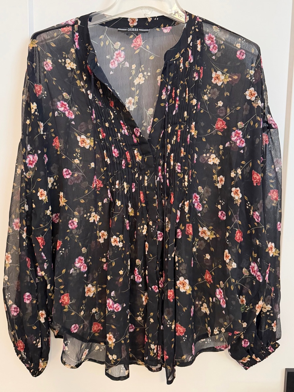 GUESS Black Sheer Floral Pintuck Blouse